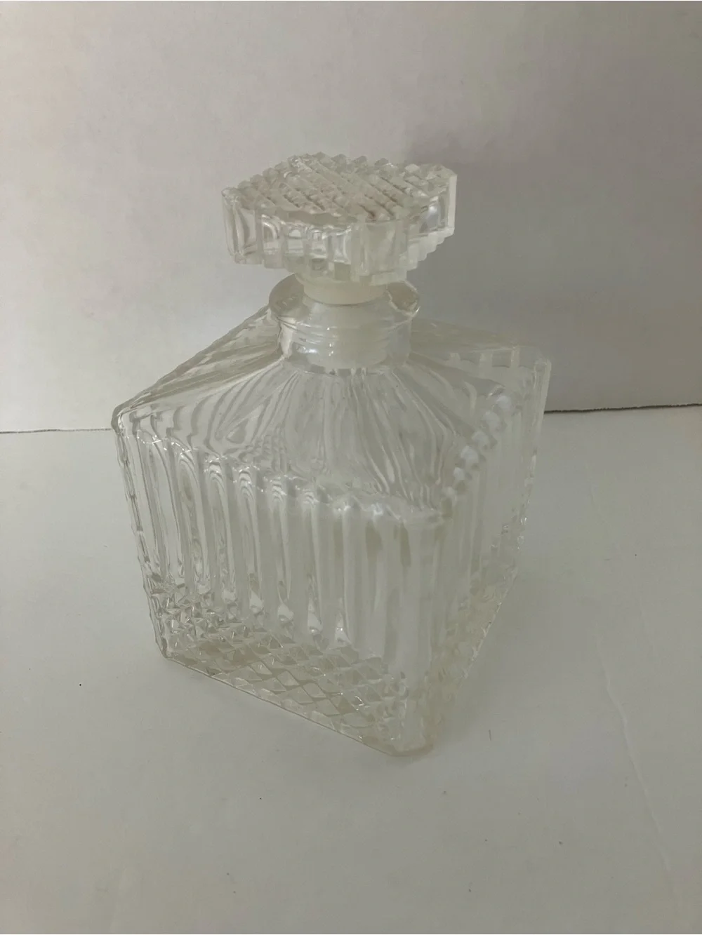 Vintage MCM Clear Glass Square Decanter with Cut Pattern